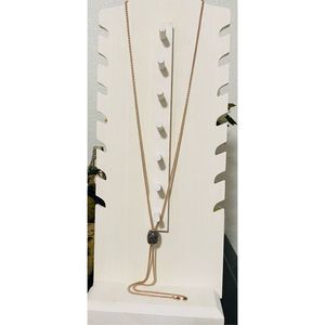 Long Gold-tone Lariat Style Necklace with Sparkly Black Crystals Pave pendant Ch